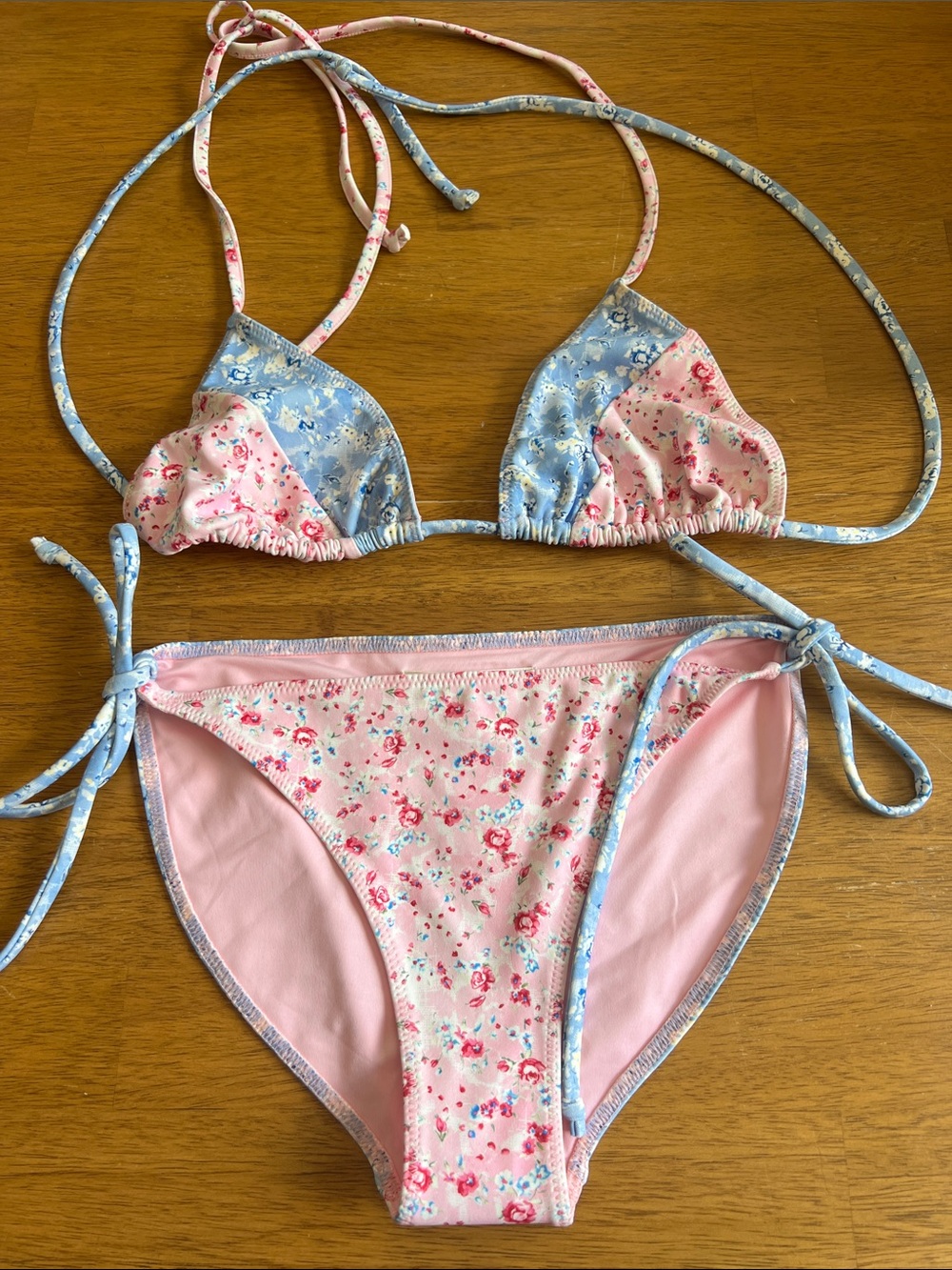 LoveShackFancy Pink and Light Blue Floral Harbor Triangle Bikini Sm NWOT